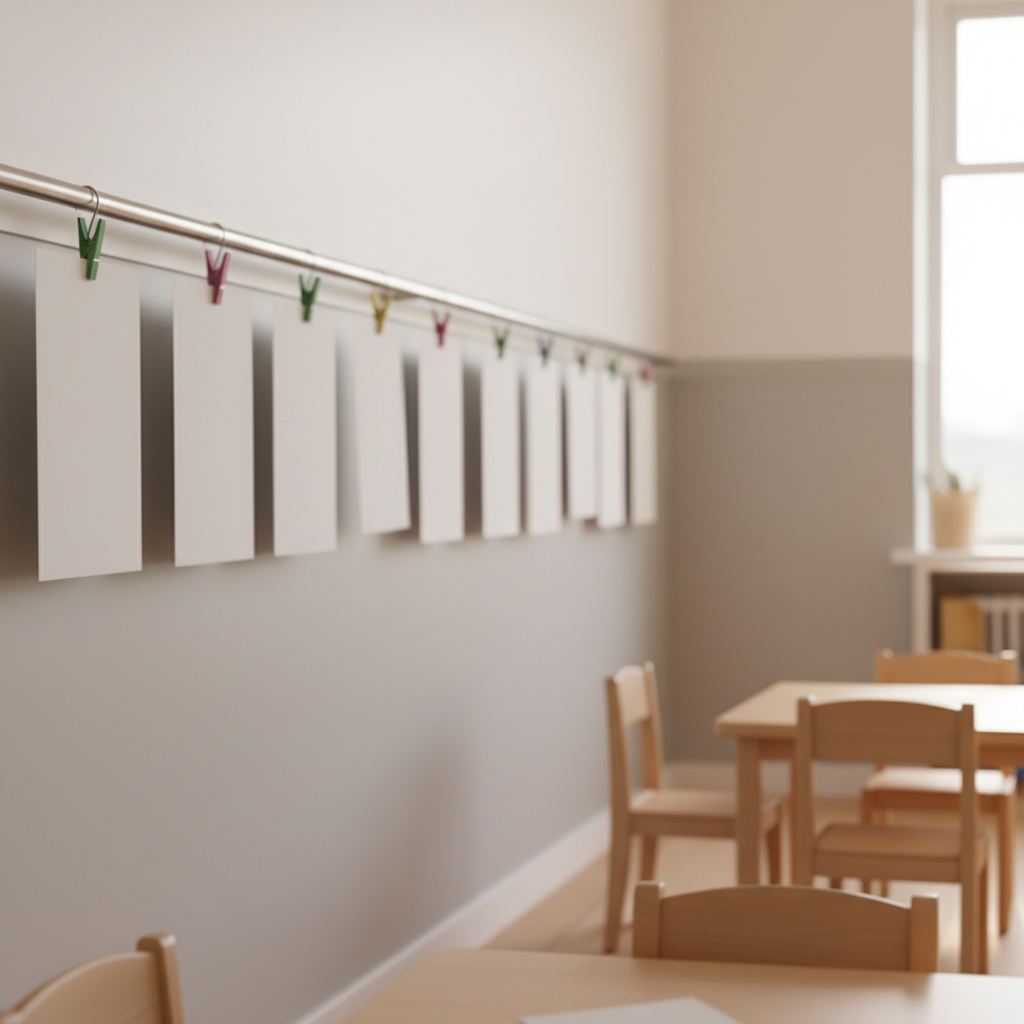A bright sunlit classroom wall with children's work hung in a neat row along a wall rail