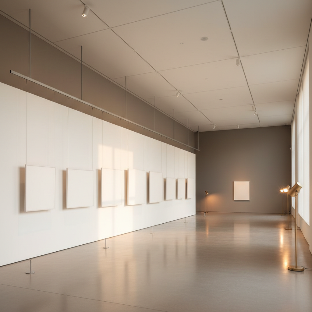 A serene museum gallery interior with blank canvases suspended from a rail system on a white wall