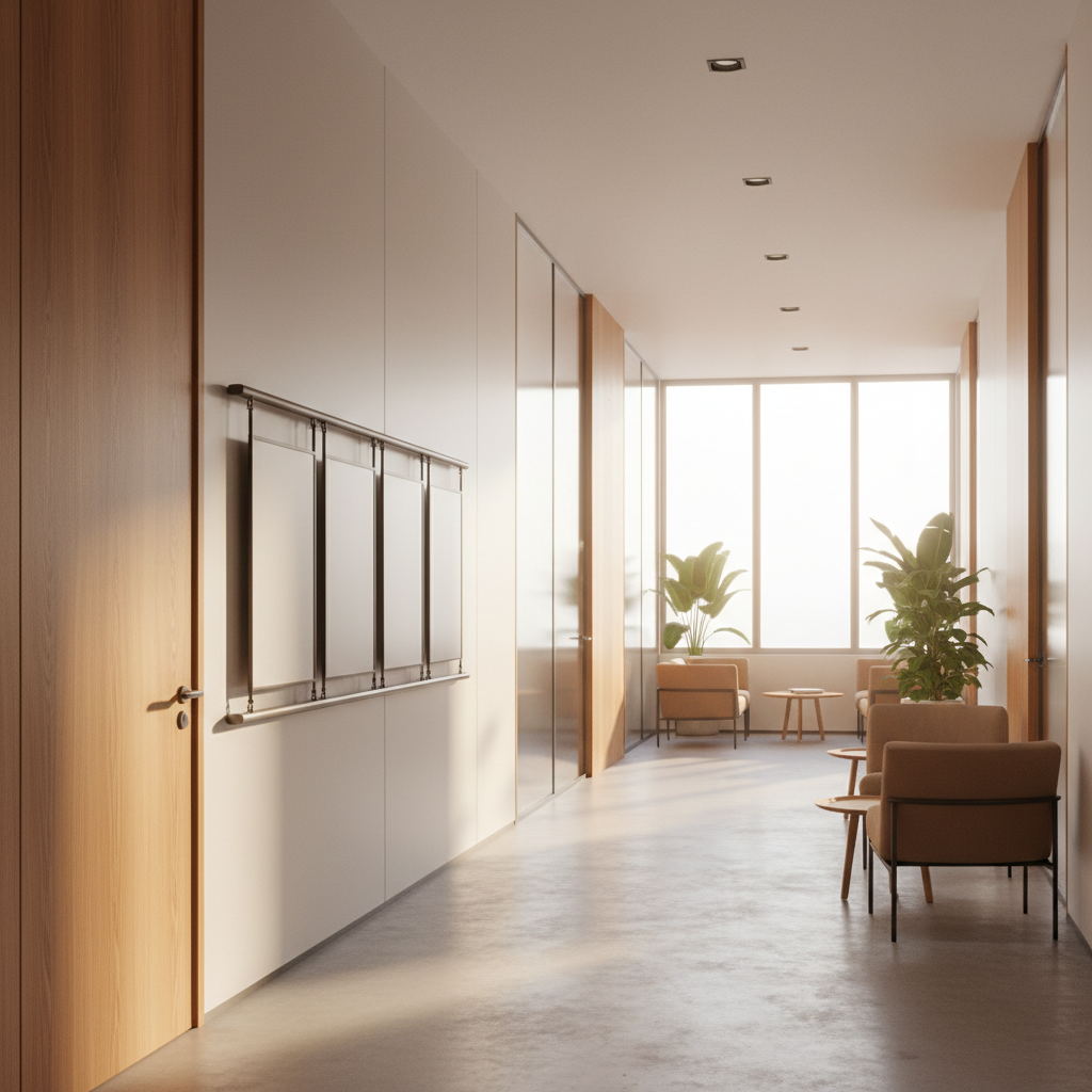 A modern office corridor with blank notice panels hung along a horizontal wall rail