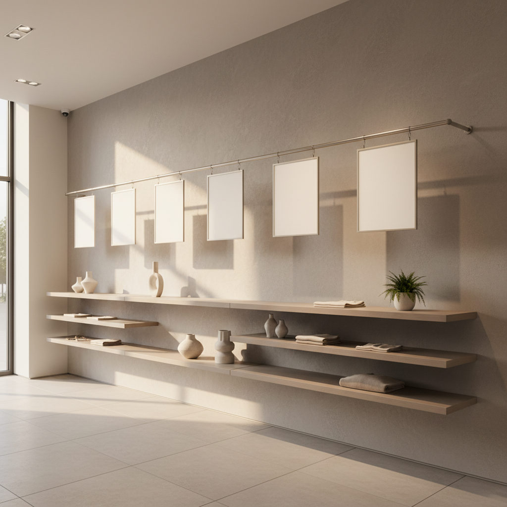 An upscale boutique retail interior with blank hanging signage panels on a slim rail above merchandise shelving