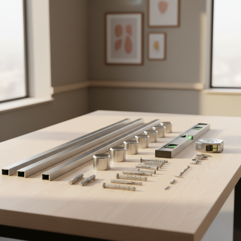 Rail sections, end caps, wall anchors, a level and a tape measure arranged on a workbench