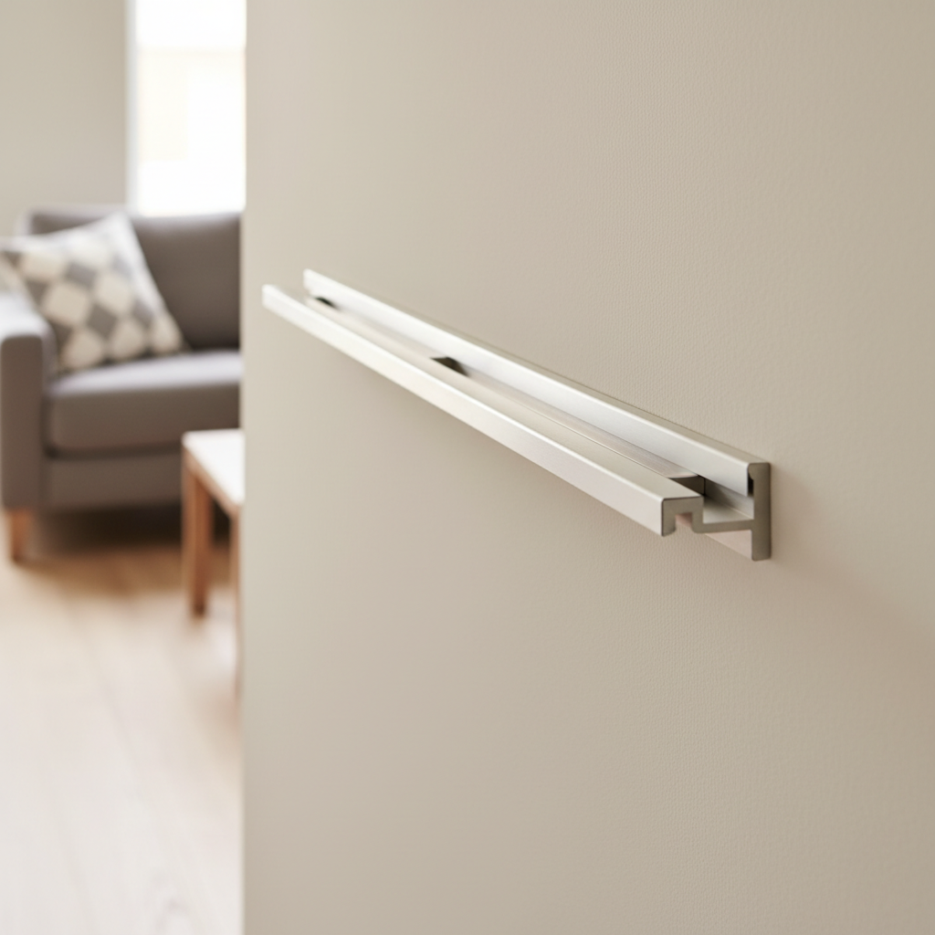 A satin anodized aluminum snap rail profile mounted on a pale wall