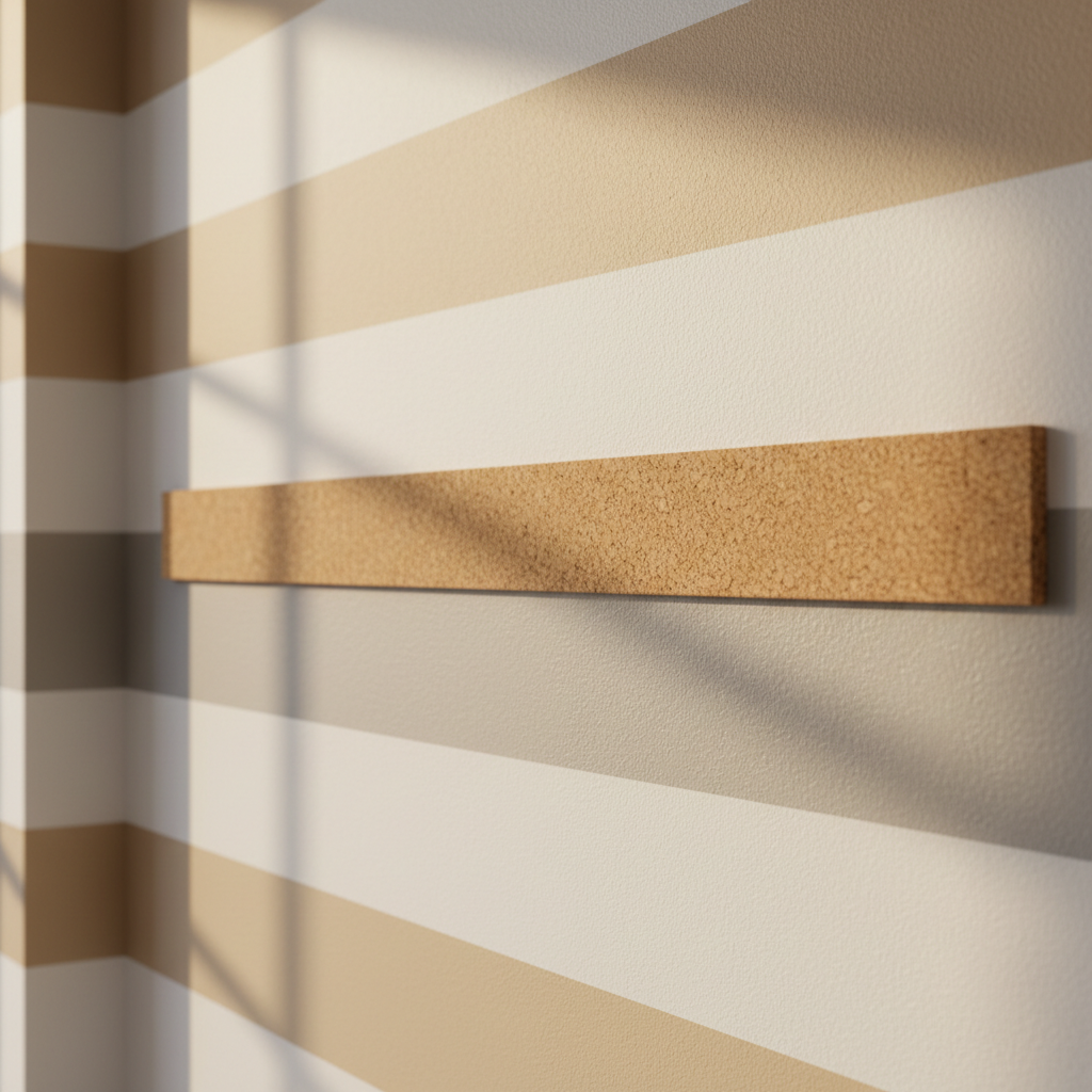 A natural cork faced display rail mounted horizontally on a pale interior wall