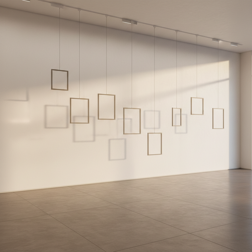 A minimal gallery wall with a slim ceiling mounted track and thin hanging cables holding blank frames