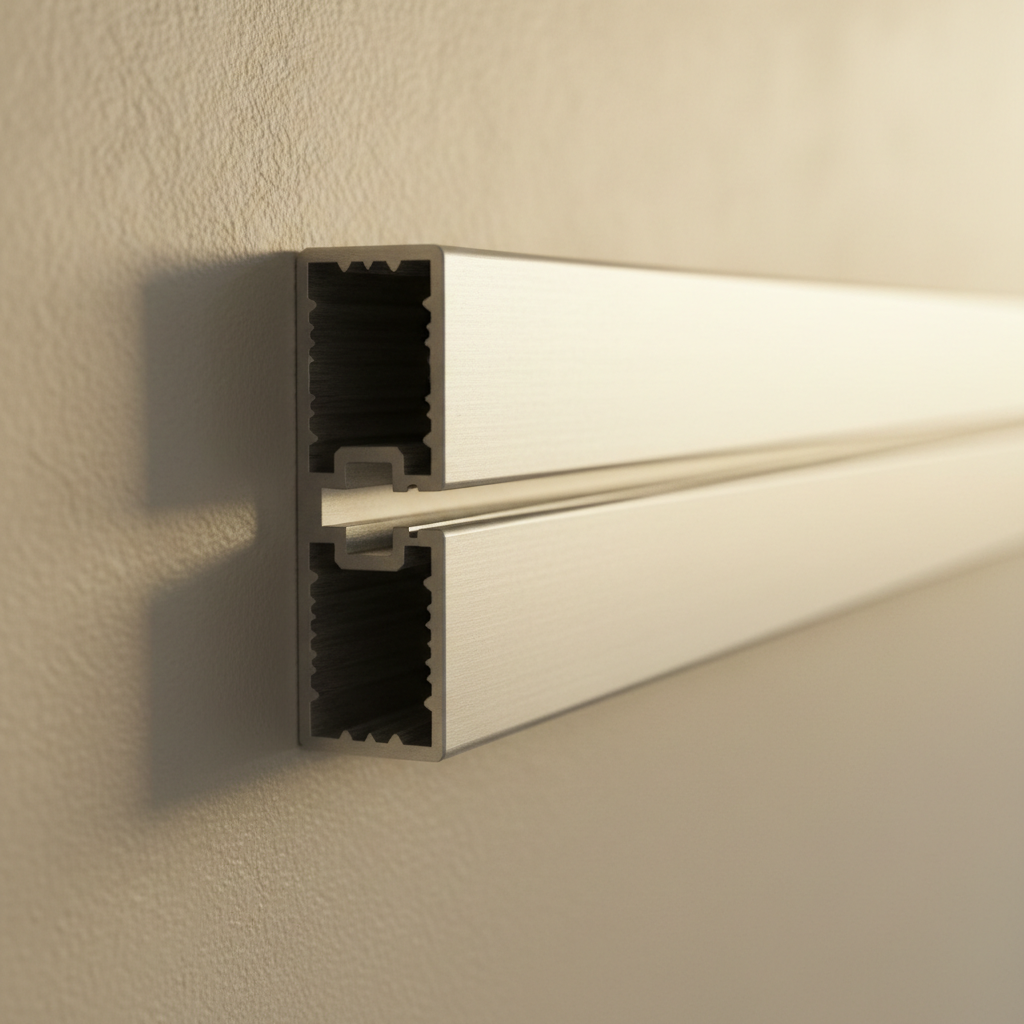 Close detail of an aluminum display rail extrusion mounted on a wall showing the gripper channel profile